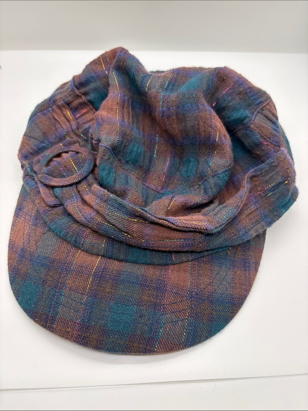 D&Y Plaid Newsboy Cap in Teal and Brown with Metallic Thread